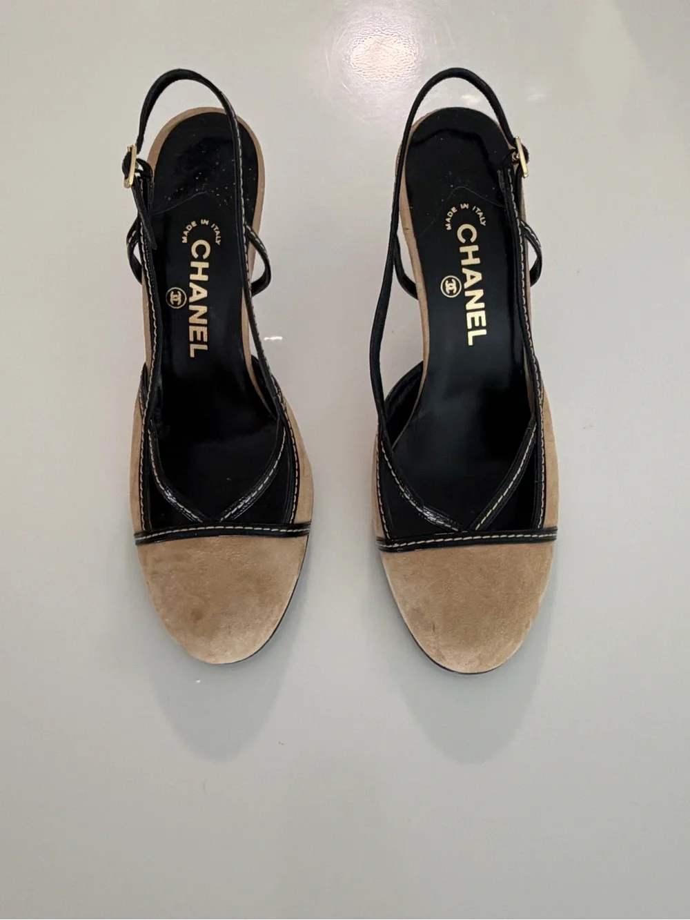 CHANEL Beige Suede and Black Patent Slingback Heels